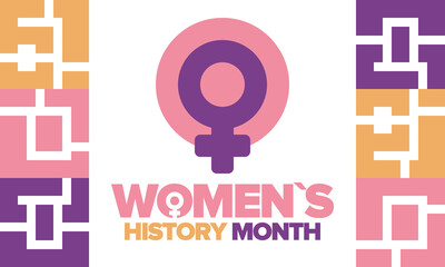 Women's History Month in March. Women's rights and Equality. Girl power in world. Female symbol in vector. Celebrated annually to mark women’s contribution to history. Poster, postcard, illustration