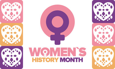 Fototapeta premium Women's History Month in March. Women's rights and Equality. Girl power in world. Female symbol in vector. Celebrated annually to mark women’s contribution to history. Poster, postcard, illustration