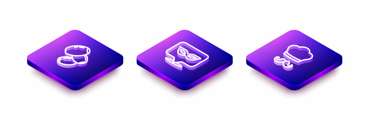 Set Isometric line Olives, Carnival mask and Italian cook icon. Vector