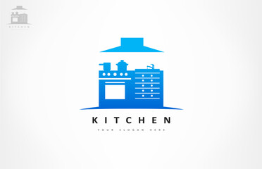 Kitchen logo vector. Cooker with oven, extractor hood and dishes.