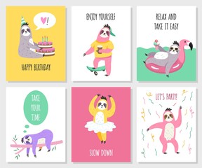 Cute sloths cards. Funny animals in different activities with text, birthday party invitations and greeting. Characters hobby and relax, tropical fauna, vector cartoon isolated posters set