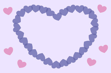 Romantic frame for Valentines day. Cute heart shape made of little hearts. Pink and purple shades to illustrate love
