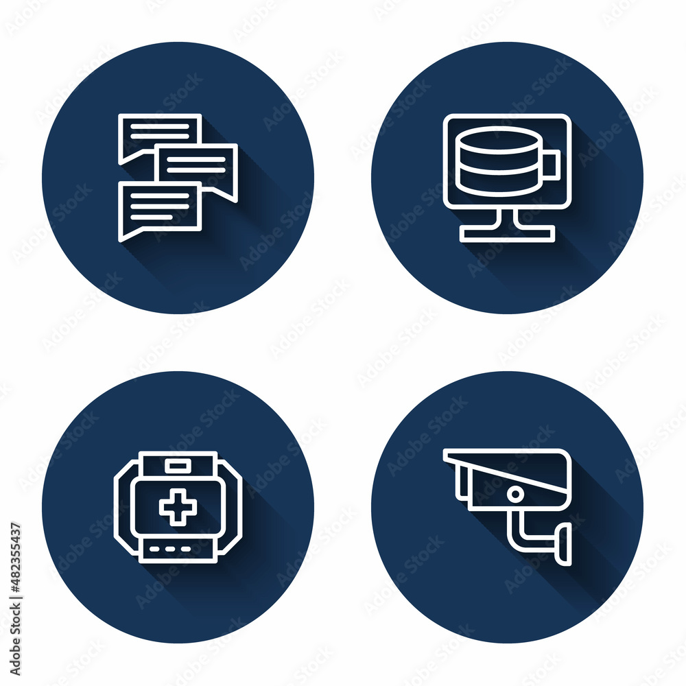Poster set line speech bubble chat, cloud database, first aid kit and security camera with long shadow. blu