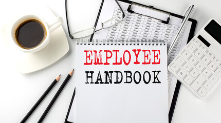 EMPLOYEE HANDBOOK text on the paper with calculator, notepad, coffee ,pen with graph - obrazy, fototapety, plakaty