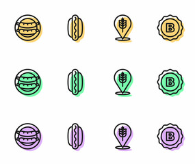 Set line Wheat, Sausage, Hotdog sandwich and Bottle cap icon. Vector