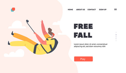 Free Fall Landing Page Template. Parachute Jumping Extreme, Female Skydiver Making Jump and Record Video on Smartphone