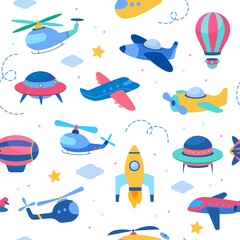 Kids air transport seamless pattern. Aeroplanes and rockets, helicopters and ufos, cute childish design, boys nursery theme, white background. Decor textile, wrapping paper, vector print