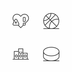 Set line Hockey puck, Award over sports winner podium, Heart rate and Basketball ball icon. Vector