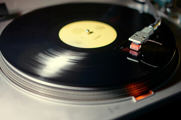 Turntable vinyl record player. Retro audio equipment for disc jockey. Sound technology for DJ to mix and play music.