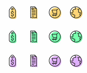 Set line Shopping cart, Price tag with dollar, Financial check and Worldwide icon. Vector