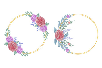 watercolor Wedding frame with red roses and pink peones 