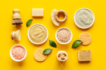 Flatlay of massage and spa products and accessories, top view