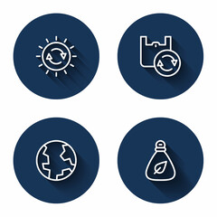 Set line Solar energy panel, Shopping bag with recycle, Earth globe and Garbage with long shadow. Blue circle button. Vector