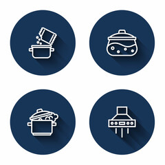Set line Cooking pot and spice, and Kitchen extractor fan with long shadow. Blue circle button. Vector