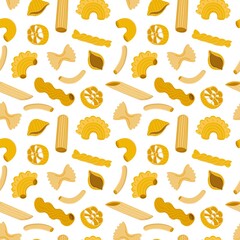 Seamless italian pasta pattern. Different types dried noodles, traditional cuisine production, organic vegetarian foods, white background. Decor textile wrapping paper, vector print