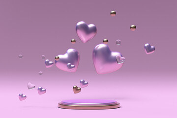 3D St Valentine day golden pink round podium, pedestal with romantic hearts. Love background template for sales promotion. Creative scene for 14 February