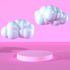 White funny cloud isolated on pink background with stulish podium stage. 3D render.