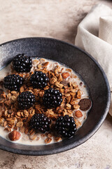 Chocolate granola with almond milk and blackberry.