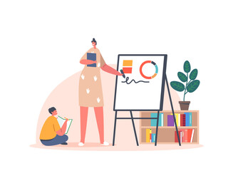 Domestic Schooling, Family Education. Mom and Little Boy Characters Learning Lesson Together, Prepare for School