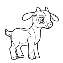 Cute cartoon little spotted goatling outlined for coloring page on white background