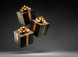 Obraz na płótnie Canvas Three black gift boxes with golden bow - 3D illustration