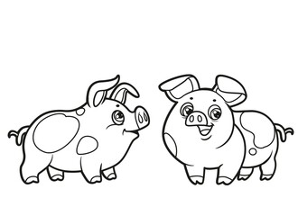 Cute cartoon two pigs outlined for coloring book on white background