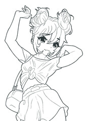 Anime manga cute girl pop star with beautiful hairstyle blue hair shoulder bag picture is made with lines	
