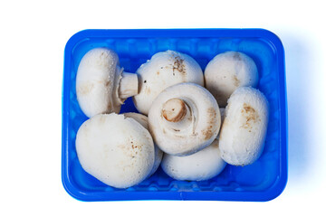 White champignon mushrooms in a blue plastic tray on isolated background. Farmed product for sale in a shop or market. Agriculture industry. Food supply chain.