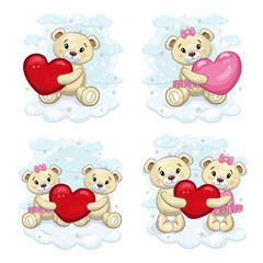 Fototapeta premium A set of cute teddy bears with a red and pink hearts. Teddy bears cute set on a background of fluffy clouds.. Vector cartoon illustration for Valentine's day or birthday.