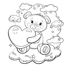 Cute teddy bear  with a hear in his paws. Teddy bear on a cloud  background with stars. Vector cartoon outline  illustration for Valentine's day or birthday.