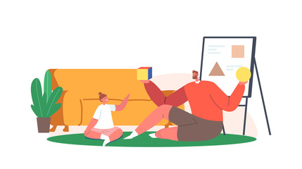 Parent or Teacher and Girl Characters Sitting on Floor Studying and Learning Classes. Father and Daughter Learn