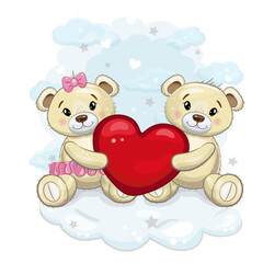 Obraz premium A pair of cute teddy bears holding a heart in their paws. Teddy bears on the background of clouds. Vector cartoon illustration. Illustration for Valentine's day or birthday.