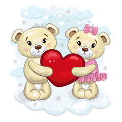 A pair of cute teddy bears holding a heart in their paws. Teddy bears on the background of clouds. Vector cartoon illustration. Illustration for Valentine's day or birthday.