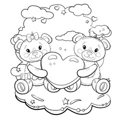 A pair of cute teddy bears holding a heart in their paws. Teddy bears on the background of clouds. Vector cartoon outline illustration. Illustration for Valentine's day or birthday.