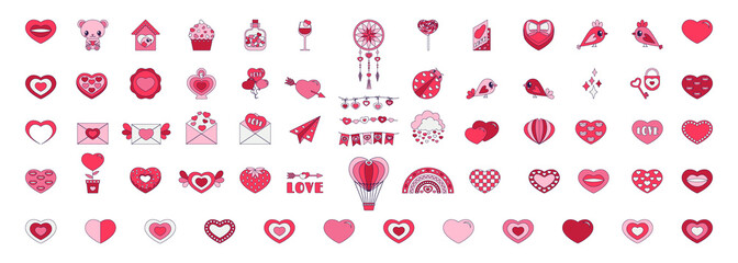 Retro Valentine Day set of icons. Love symbols in the fashionable pop line art style. The figure of heart, rainbow, lock, balloon in soft pink, red and coral color. Vector illustration isolated on