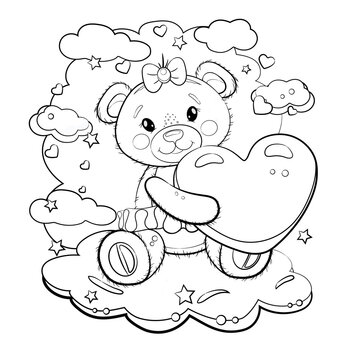 Cute teddy bear  girl with a hear in her paws. Teddy bear on a cloud  background with stars. Vector cartoon outline  illustration for Valentine's day or birthday.