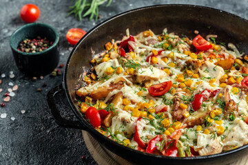 Fried potatoes with onions, corn, tomatoes, bacon and cheese on the rustic kitchen table. Top view