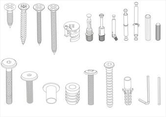 Cabinet, furniture, Different types of minifix connector bolts, Minifix Furniture Cam Lock Screws and Hardware Connector isolated on white background. Mitre connector, Double Bolt, Connector Housing - obrazy, fototapety, plakaty