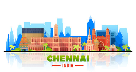 Chennai ( India ) skyline with panorama in white background. Vector Illustration. Business travel and tourism concept with modern buildings. Image for presentation, banner, placard and web site. - obrazy, fototapety, plakaty