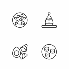 Set line Sushi, Chicken egg with vegerables, Kung Pao chicken and Bottle of sake icon. Vector