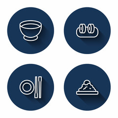 Set line Soy sauce in bowl, Sushi, Food chopsticks with plate and Rice with long shadow. Blue circle button. Vector