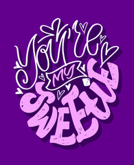 Obraz premium Happy Valenti's Day - lettering postcard. Love you, Kiss you - lettering label for t-shirt design. Love backgrounf pattern.