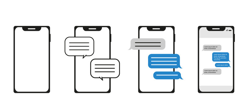 ensemble d'ic&ocirc;nes ou pictos montrant un smartphone, t&eacute;l&eacute;phone portable avec une discussion par message SMS. Placez votre texte dans les bulles.