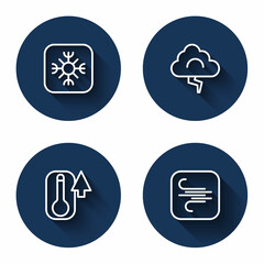 Set line Snowflake, Cloud and lightning, Thermometer and Wind with long shadow. Blue circle button. Vector