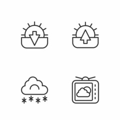 Set line Weather forecast, Cloud with snow, Sunset and Sunrise icon. Vector