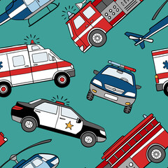 Hand drawn emergency cars seamless vector pattern. Perfect for textile, wallpaper or print design.  © MirabellePrint