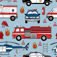 Hand drawn emergency cars seamless vector pattern. Perfect for textile, wallpaper or print design.  © MirabellePrint