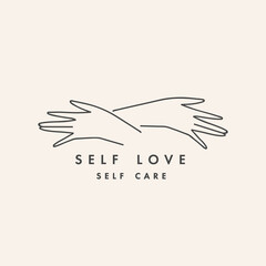 Vector design linear template logo or emblem -hugging hands. Concept symbol of self love and self care.