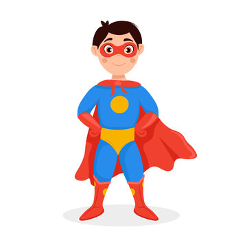 Boy wearing colorful superhero costume isolated on white background. Cute Super Kid. Cartoon vector illustration.