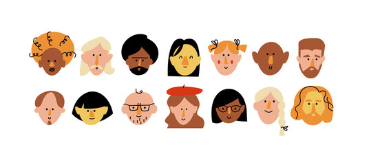 Vector illustration abstract people faces, funny characters. Different icons for social media story highlight and avatars.